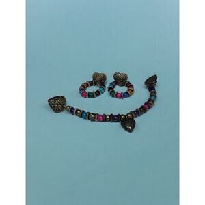 9" Vintage sweater clip silver tone hearts and beads-matching stud earrings
